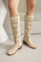 chic 3 colors suede hollow out high-tube chunky heel boots_Black_Pink_Beige