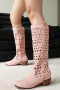 chic 3 colors suede hollow out high-tube chunky heel boots_Black_Pink