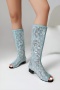 chic two colors denim fabric sequin decor peep toe chunky low heel boots sandals_Sky Blue