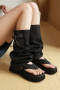 chic two colors denim fabric removable high-tube thick bottoms sandals_Black