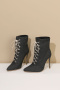chic 3 colors denim fabric pointed toe strappy high-heel martin boots_Black
