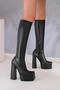 chic 3 colors pu leather square toe chunky high heel boots_Black