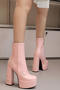 chic 4 colors glossy pu leather chunky high heel boots_Black_White_Pink