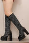 chic 3 colors lace pu leather stitching chunky high heel boots_Black