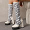 chic 3 colors lace pu leather stitching chunky high heel boots_Black_White