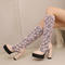 chic 3 colors lace pu leather stitching chunky high heel boots_Black_White_Pink