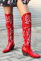 chic retro pu leather 3 colors embroidery zip-up side chunky heel boots_Pink_Red
