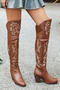 chic retro pu leather 3 colors embroidery zip-up side chunky heel boots_Pink_Red_Brown