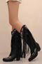 chic retro pu leather 3 colors embroidery tassel chunky heel boots_Black