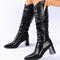 chic two colors pu leather pointed toe ruched chunky heel boots_Black