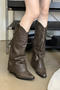 chic retro pu leather rivet decor pointed toe chunky heel cowgirl boots_Black_Brown
