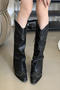 chic retro pu leather rivet decor pointed toe chunky heel cowgirl boots_Black