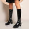 chic 3 colors gloss pu leather zip-up side chunky heel boots_Black