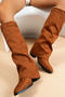 chic suede upper high -tube pointed toe chunky heel boots_Black_Brown