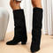 chic suede upper high -tube pointed toe chunky heel boots_Black