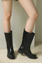 stylish pu leather chunky heel cowgirl boots_Black