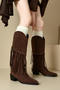 chic 3 colors suede upper tassel pointed toe chunky heel boots_Black_Khaki _Brown