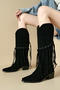 chic 3 colors suede upper tassel pointed toe chunky heel boots_Black