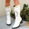 chic 3 colors pu leather embroidery pointed toe chunky heel boots_Black_White