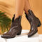 chic pu leather pointed toe rivet chunky heel boots_Black_Brown