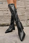 chic pu leather solid colour pointed to chunky heel boots_Black