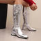 chic gloss pu leather zip-up side chunky heel boots_Gold_Silver
