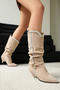 chic suede upper pointed toe metal decor midi-heel boots_Black_Beige