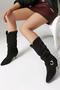 chic suede upper pointed toe metal decor midi-heel boots_Black