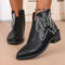 stylish retro pu leather embroidery chunky heel pointed toe boots_Black