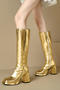 chic 4 colors gloss pu leather square toe zip-up side chunky high-heel boots_Black_White_Gold