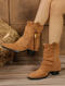 retro stylish suede upper tassel beading chunky heel boots_Khaki