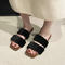 stylish furry upper 3 colors square toe flat slippers_Black