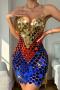 sexy acrylic splicing contrast color sling slim mini dress body jewelry_Blue_Gold
