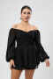 high quality plus size non-stretch chiffon solid v-neck lantern sleeves playsuit_Black