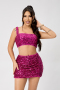 sexy high quality slight stretch sequin decor square neck mini skirt set_Black_Magenta