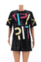 stylish casual style solid color sequined letter printed loose dress_Black