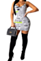new three colors newspaper print stretch adjustable strap sexy bodycon dress_Magenta_White