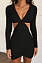 autumn new solid color stretch v-neck hollow pleated sexy bodycon dress_Red_Black