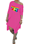 new plus size mouth & letters print stretch boatneck irregular casual loose dress_Orange_Yellow_Black_White_Magenta