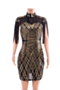 autumn new plus size stylish tassel sequins mesh splice high neck inelastic dress_Gold