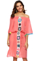 new fashion solid color spliced crochet and tassel off shoulder loose beach dress (with belt)_Black_White_Pink