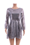 plus size new stylish solid color sequin spliced inelastic fit mini dress (with belt)_Black_Silver