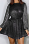 plus size new stylish solid color sequin spliced inelastic fit mini dress (with belt)_Black