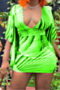 plus size new batch printing elbow ruffle sleeves deep v-neck stylish stretch fit dress_Blue_Pink_Light Green