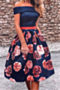new stylish solid color spliced flower batch printing off shoulder pocket slim dress_White_Dark Blue