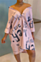 plus size new stylish letter batch printing single breasted loose inelastic shirt dress_Blue_Pink