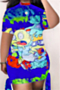 plus size new stylish cartoon batch printing lace-up hollow stretch dress_Dark Green_Blue