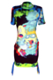 plus size new stylish cartoon batch printing lace-up hollow stretch dress_Dark Green