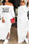 plus size 10 colors letter printing off-shoulder split stretch loose dress_Black_White