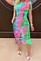 plus size multicolor batch printing cutout summer new stylish stretch dress_Purple_Blue_Green